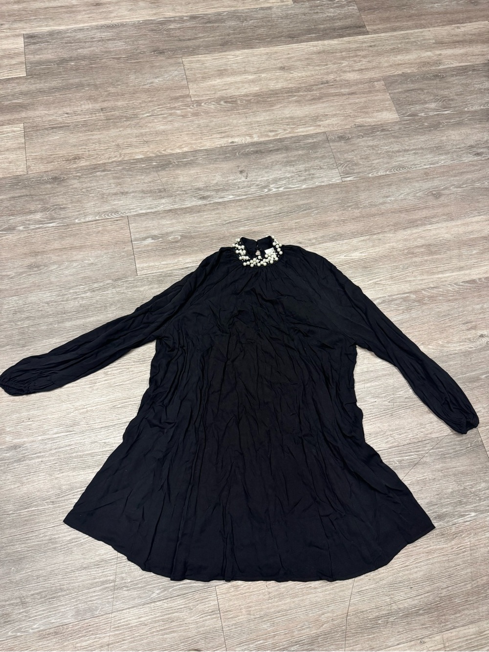 H&M Black Long-Sleeve Shift Dress with Decorative Pearl Collar